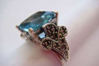Vintage Silver Blue Topaz, Marcasite, Art Deco Ring S 925 Hand Crafted 