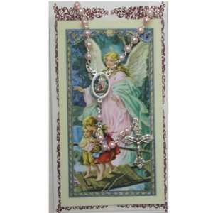 Guardian Angel Pink Rosary and Prayer Card Baptism Christening 