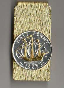   Coin Money Clip, Gold & Silver British 1/2 Penny Sailing Ship