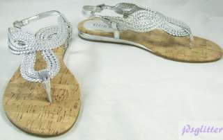 GUESS Silver Estee Rope Logo T Strap Sandals NWT  