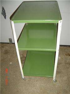 Vintage 50s Green & White Metal Kitchen Rolling UTILITY CART 3 Tiers 