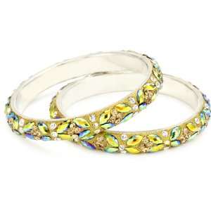 Chamak by priya kakkar Two Rainbow Gold Crystal Leafy Bangle Bracelet 