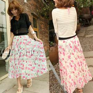 New Womens Flower Long Casual Summer Spring Pleated Skirt Tops Maxi 