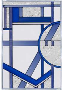 Art Deco Geometric Stained Art Glass Window Panel Blues  