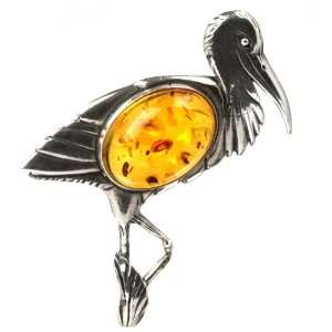  Baltic Light Honey Amber Sterling Silver Crane Bird Brooch 