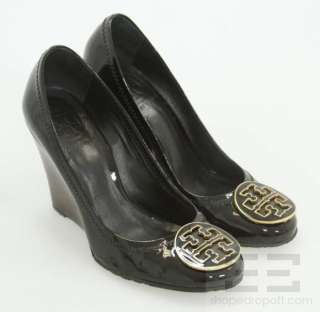 Tory Burch Black Patent Leather Logo Medallion Wedge Heels Size 6 