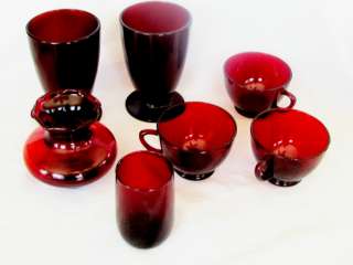   red ruby glass cups, vases, small glass, 1 vase has anchor mark  