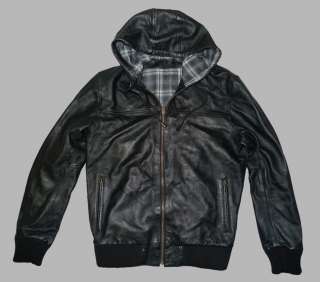 Mens Black Vintage Retro Bomber Leather Hoodie Jacket  