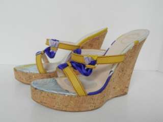   Pucci Yellow Leather/Blue Silk/Cork Wedge Open Toe Shoes/Sandals Sz 39