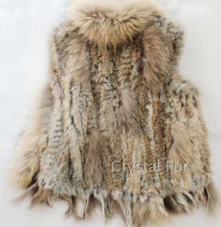 Valentine Gift Knitted Rabbit Fur Vest Gilet with Raccoon Fur Collar 