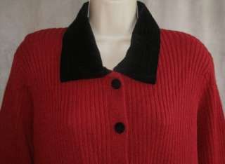  BRISTOL Womens 1W 100% Wool Button Cardigan Red W Black Ribbed Sweater