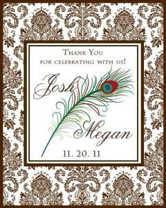 Personalized Wedding Peacock Feather and Damask Wine Labels Set  