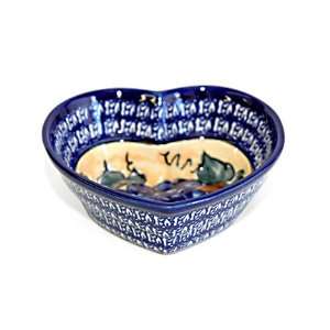  Polish Pottery Grapes Small Heart Bowl with Cobalt Rim 