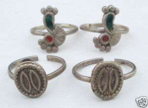 VINTAGE ANTIQUE TRIBAL OLD SILVER TOE RINGS SET INDIA  