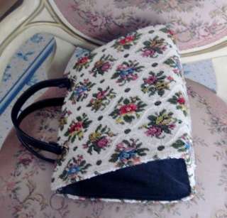 FLORAL Needlepoint/CARPETBAG~Pink/Blue Flower CAMEOS Lrg VTGE Handbag 