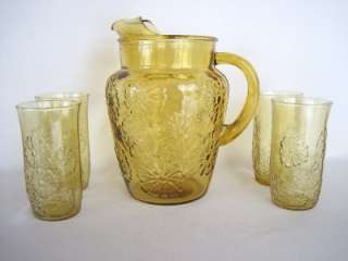 Vintage Amber Daisy Pattern Glass Pitcher & 4 Glass Set  