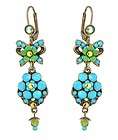 Michal Negrin Green Flowers Dangle Earrings w Turquoise Crystals 