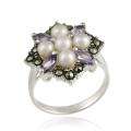 Sterling Silver Pearl, Amethyst and Marcasite Cluster Ring (4 5 mm 