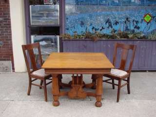 Antique Ornate Square Dining Kitchen Oak Table & 2 Chairs Turn of the 