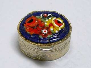 Vintage Italian MICRO MOSAIC Floral Etched Gilt Pill Trinket Snuff Box 