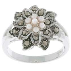   Silver Marcasite and Synthetic Pearl Floral Ring  