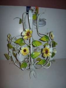 VINTAGE TOLE CEILING LAMP ENAMEL METAL FLOWERS & LEAVES CHANDELIER 