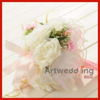   Rose Bridal Bouquet with Lovely Pink Ribbon Wedding Flower  