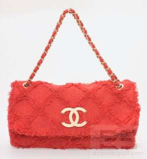 Chanel Red Tweed & Brushed Gold Large Chain Strap Flap Bag  