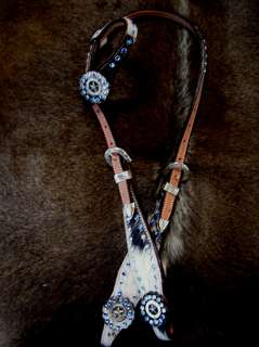 BRIDLE WESTERN LEATHER HEADSTALL HAIR BLUE STAR BLING  