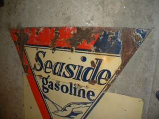 Old Seaside Gasoline Diecut Porcelain Sign w Seagull CA Two Piece 