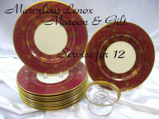 12 LENOX MAROON & GOLD SERVICE DINNER PLATES  