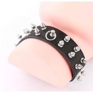   Rows of Studded Black Leather Choker Neck Collar  