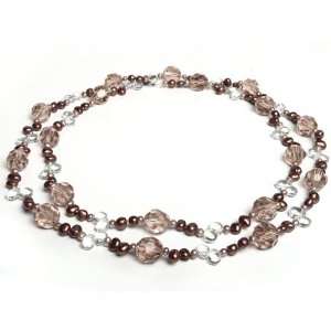   Pearl Necklace with 7 8mm Brown Baroque Pearls, Clear & Smoky Crystal