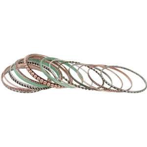  Glamorous Copper Silver Tone and Turquoise Bangle Stack of 