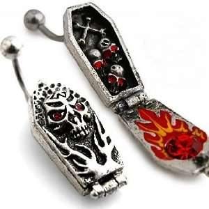  Skull Coffin Belly Button Navel Ring with Flames and Red 