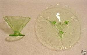 DEPRESSION GLASS GREEN PLATE AND DESSERT CUP FANCY  