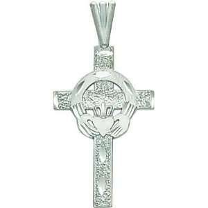  14K White Gold Diamond Cut Claddagh Cross Pendant Jewelry