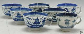 Great Lot of 7 Antique Chinese Tea Cups Blue & White Canton Late 1700 