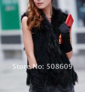   Knitted Rabbit Fur Vest Gilet with Raccoon Fur Collar Fashion  