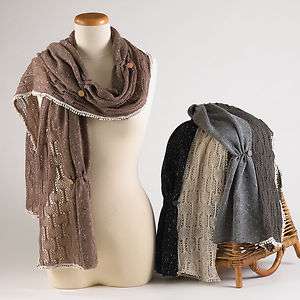 Two Tone Knit Button Cotton Scarf w/ Lace 14x76   3 Chic Colors 