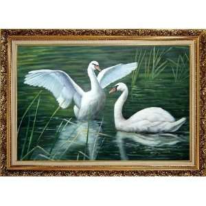  Lovely White Swans Playing in Lake Oil Painting, with Ornate Antique 