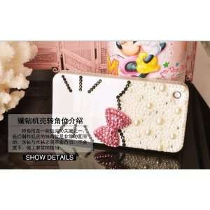 3d Crystal& Pearl Hello Kitty Pattern Case for Iphone 4&4s White