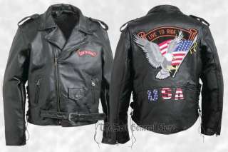   Buffalo Leather Motorcycle Jacket with Live to Ride and USA Patches