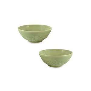    Celadon ceramic bowls, Chinese Waves (pair)
