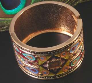 Turkish Style Gold Pewter Enamel Hinged Bangle Bracelet  