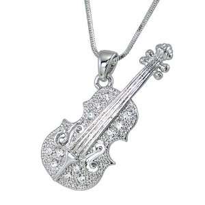Violin Iced out Unisex Charm Pendant Silver Tone White Crystal, 15 
