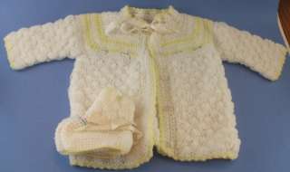 Vintage Baby Hand Knitted Crochet White Sweater Set  