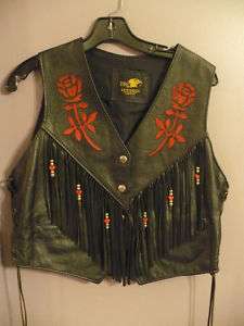 Ladies Vintage Motorcycle Leather Vest Fringe Rose USA  
