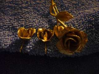 Vintage Gilt Rose Flower Brooch Clip Earrings Set  