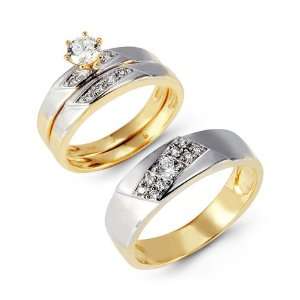    Yellow White 14k Gold Round CZ Stone Wedding Ring Set Jewelry